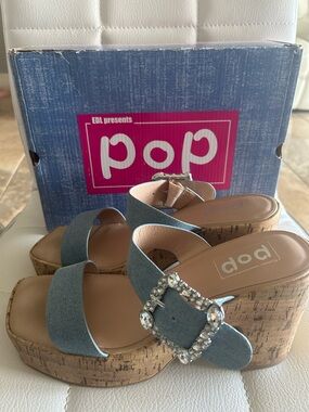 POP Blue Denim Gemstone Cork Chunky Block Heel Slide Sandals Platform 8.5 M NEW